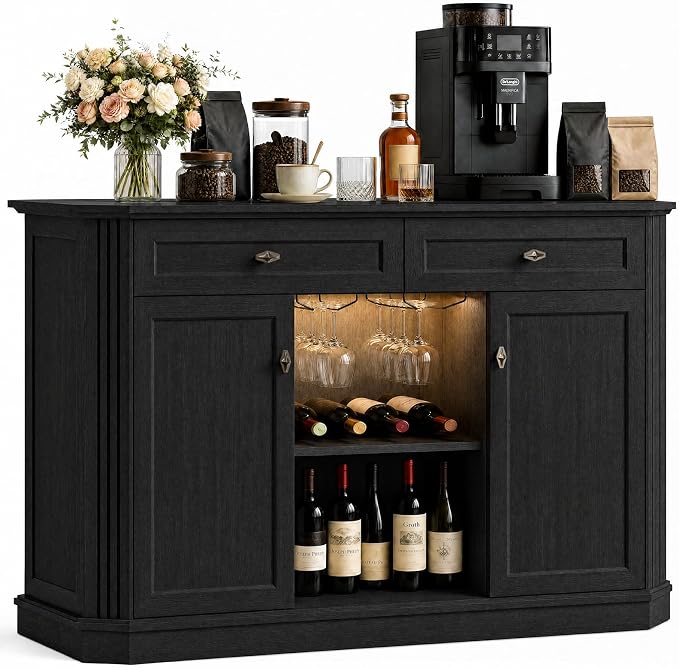 Black Coffee Bar with 2 Drawers & 2 Doors, LED Wine Bar Cabinet with Wine by Varello