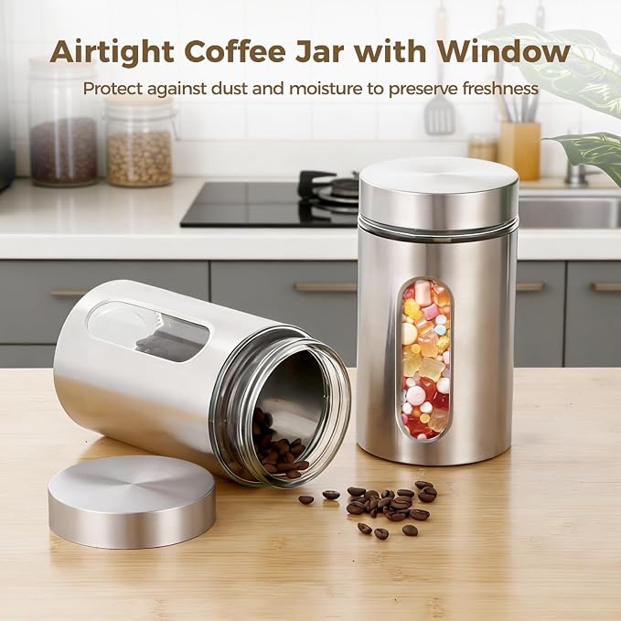 6 PCS Stainless Steel Glass Canisters, 32 oz Large Coffee Jar - Image 3
