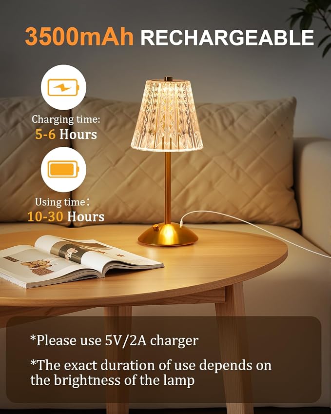 Nusogon 2 Pack Cordless Crystal Table Lamps, Premium Rechargeable Touch Lamps - Image 5