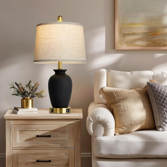 Cinkeda 23" Set of 2 Black Ceramic Farmhouse Table Lamp - Image 8