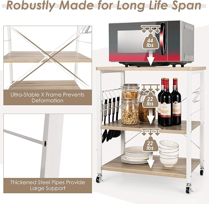 Giantex Kitchen Bakers Rack 3-Tier Microwave Cart on Wheels, Industrial Utility - Image 3