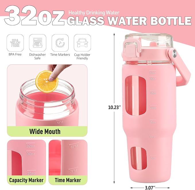 BLUEGO 32oz Glass Tumbler with Lid and Handle, Iced Coffee Cup with Straws - Image 4