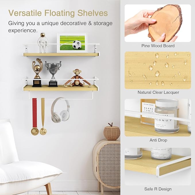 Forbena Natural Wood Bathroom Floating Shelves - Image 4