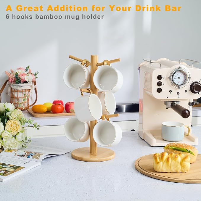 Bamboo Mug Tree for Counter, 6 Hooks Detachable Coffee Mug Holder, Decorative - Image 2