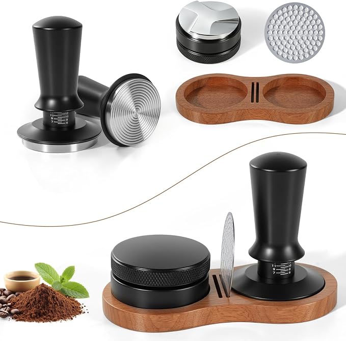 Espresso Tamper Kit 4 PCS with Wooden Tray - 58mm Coffee Distributor by CEILUPY