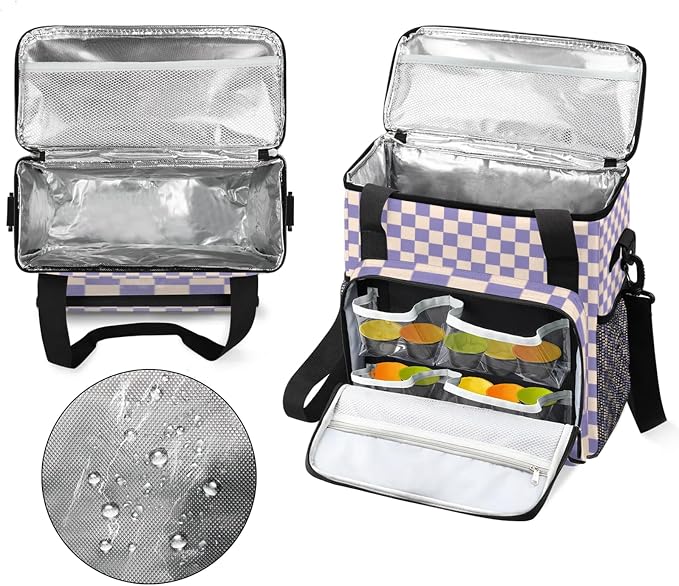 Checkerboard Purple Coffee Maker Carrying Bag, Waterproof Insulated Leakproof - Image 3