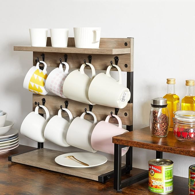 IBUYKE Rustic Coffee Mug Holder Stand, 2 Tier Countertop Mug Tree Holder Rack - Image 2