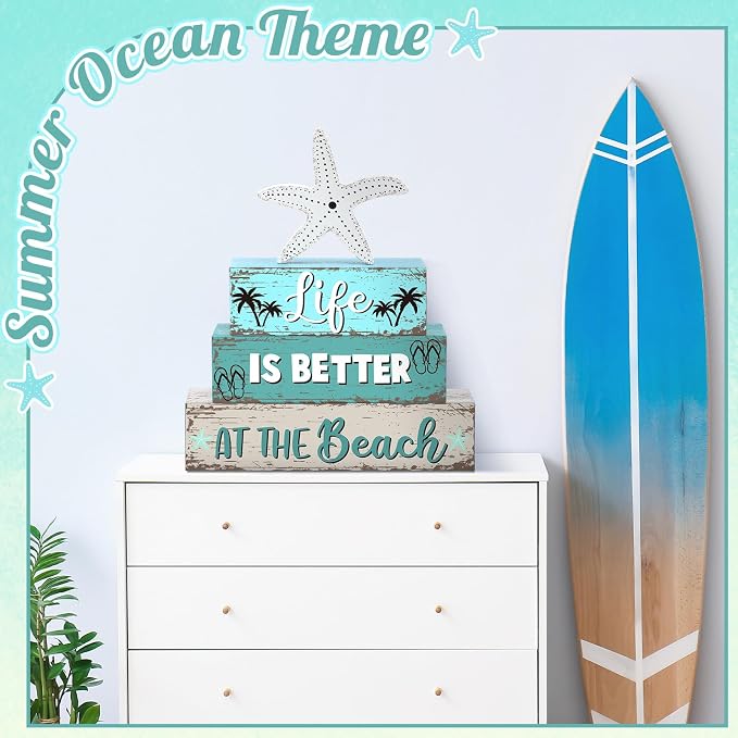 Geelin 4 Pcs Summer Table Decorations Ocean Life Better Wooden Block Signs - Image 2