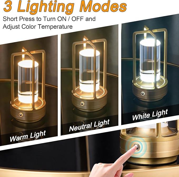 Rechargeable Table Lamp Cordless, 3 Color | Crystal | Stepless Dimming - Image 4