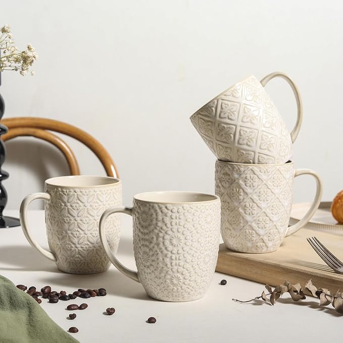 Coffee Mugs Set of 4, 16 Oz Ceramic Coffee Mugs, Large Porcelain Embossed Cups - Image 5
