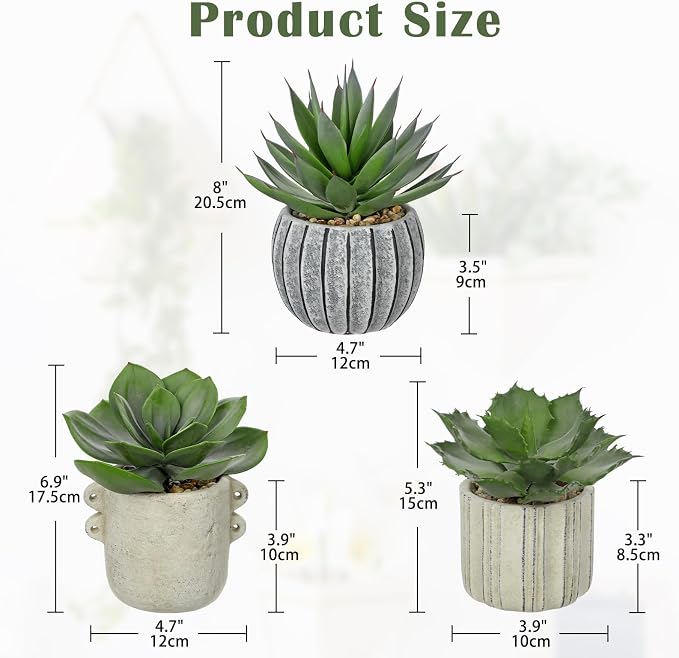 Briful 3 Pack Faux Succulent Plants in Vintage Cement Pots – Artificial Aloe - Image 2