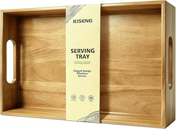 Acacia Wood Serving Tray with Handles, 17 x 12 Inch Large Wooden Tray by KISENG