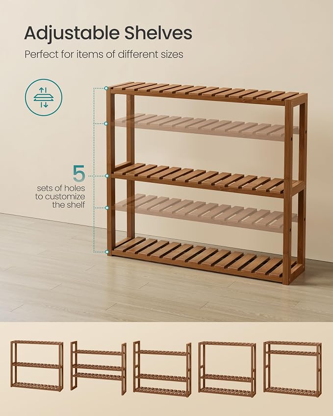 SONGMICS Bamboo Bathroom Shelf, 3-Tier Adjustable Plants Rack, Wall-Mounted or - Image 5