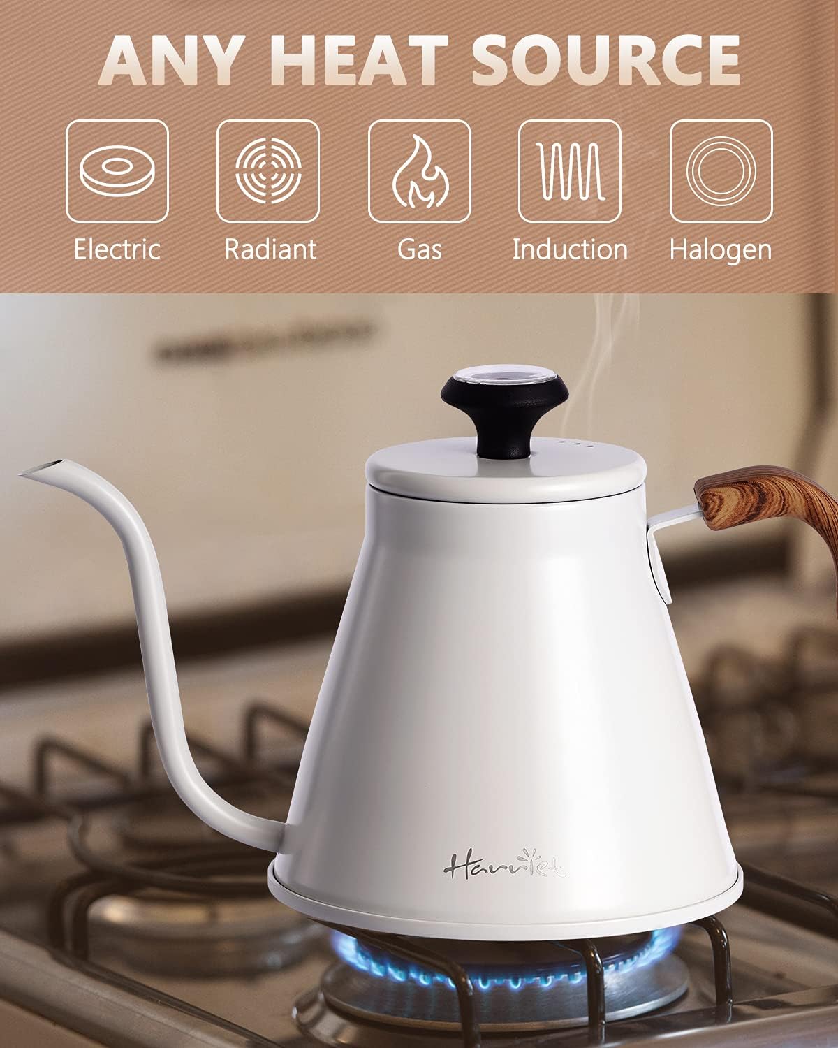 Harriet Gooseneck Kettle with Thermometer for Pour Over Coffee and Tea, 37 fl oz, Stainless Steel, Durable 3-Layer Base, Ideal Spout for Precision Pouring, Compatible with all Stove Tops, White