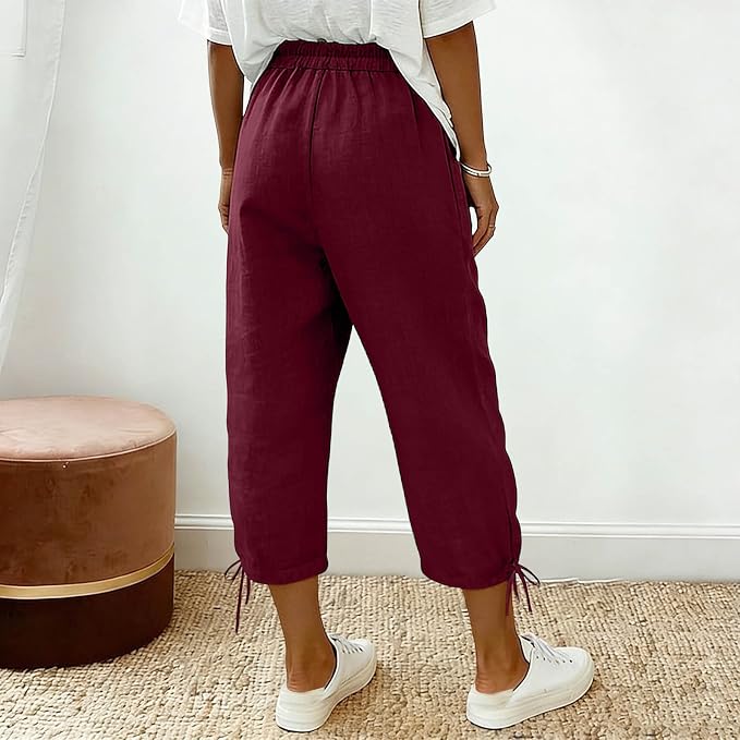 Linen Capri Pants for Women Drawstring Elastic Wide Leg Trouser 2026 Summer - Image 5