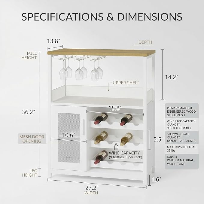 Wine Bar Cabinet, 3-Tier Removable wine rack cabinet glass holder, Mesh door - Image 2