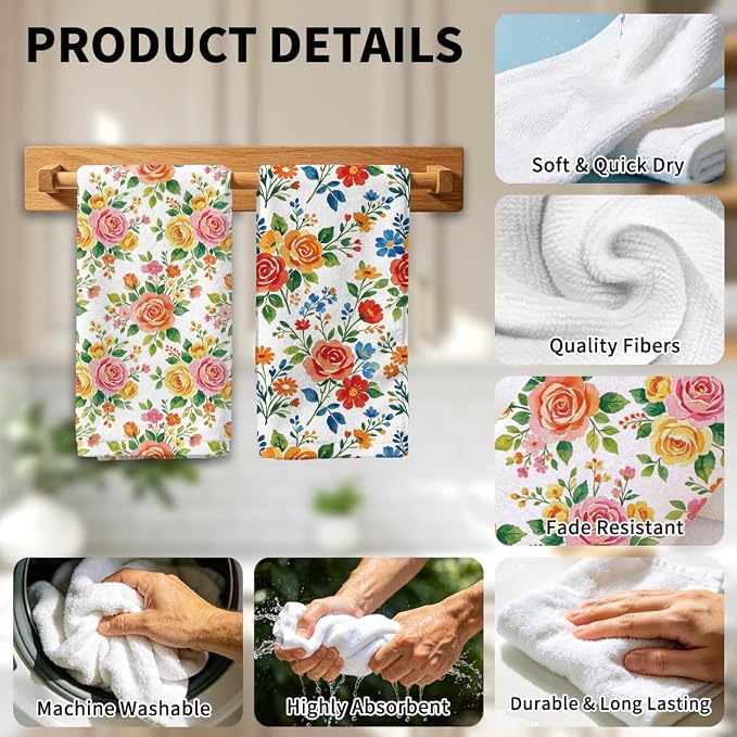 MAYJOYDIY 4 Pcs Vibrant Flowers Kitchen Towels Roses Daisy Wildflowers - Image 4