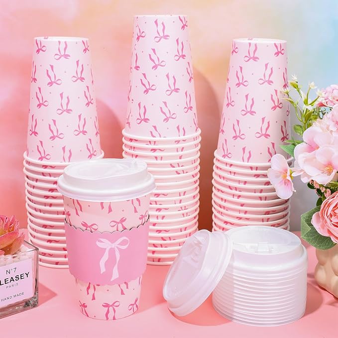Whaline 50 Set Pink Bow Disposable Coffee Cups - Image 5