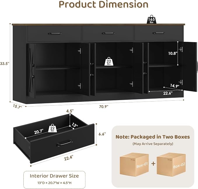 HOSTACK 71" Large Sideboard Buffet Cabinet - Image 3