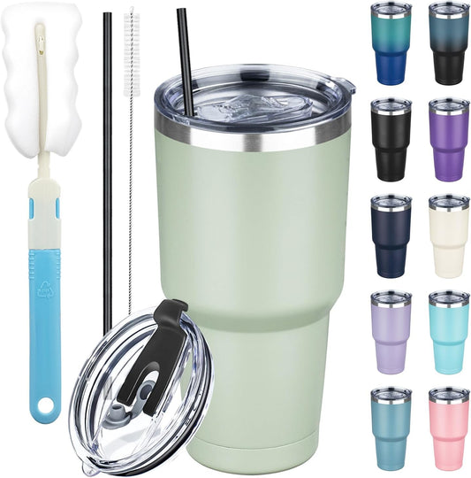 30 oz Tumbler with Lids and Straws, Stainless Steel Insulated Coffee Tumbler, Double Wall Vacuum Insulated Travel Mug Cup, Leakproof Thermal Coffee Cup for Hot and Cold Drinks (Green Tea)