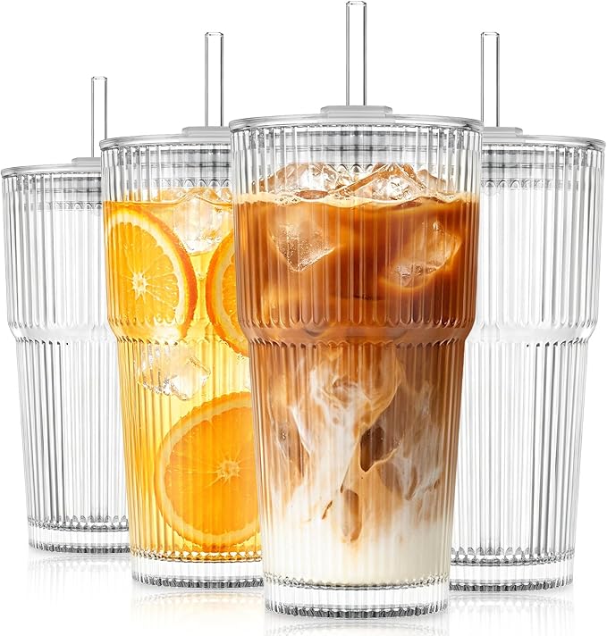 KEMORELA 4-Pack 20 oz Ribbed Glass Tumblers by KEMORELA