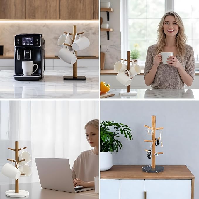 Buruis Wood Mug Holder, Marble Base Cup Rack Tree, Mug Stand Hanger, Kitchen - Image 9