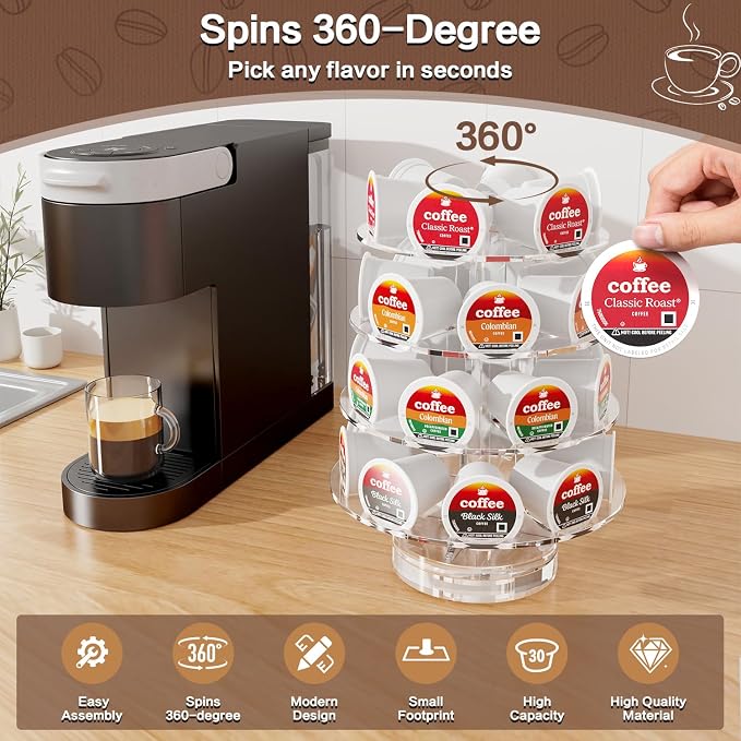 K Cup Holder, Acrylic Coffee Pod Carousel 30 Pods Holder Stand Spins - Image 4