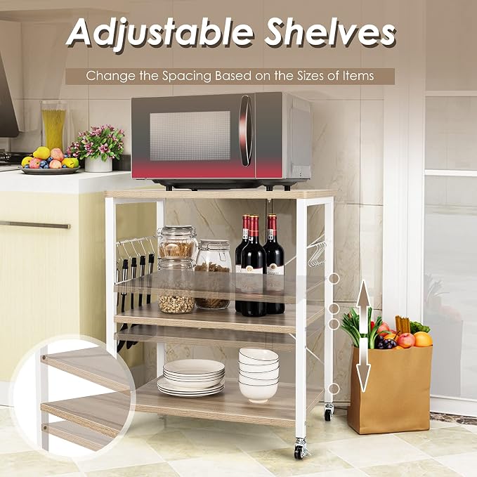Giantex Kitchen Bakers Rack 3-Tier Microwave Cart on Wheels, Industrial Utility - Image 2