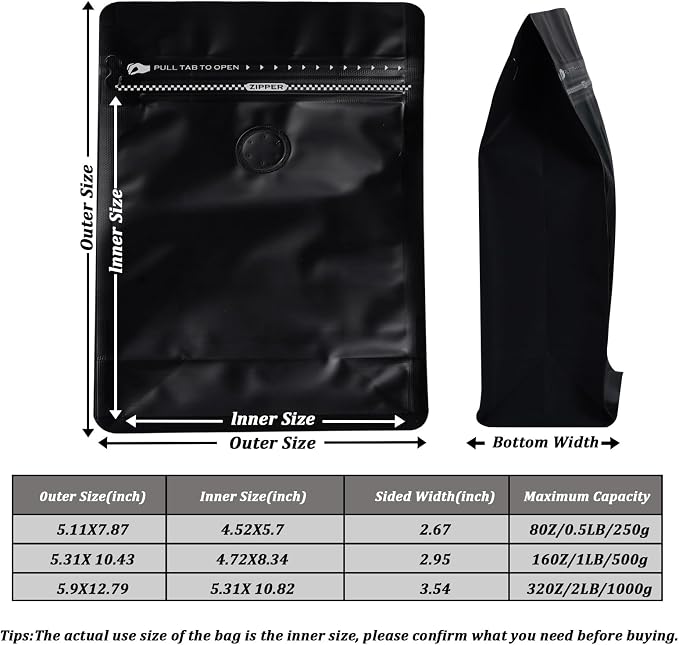 Coffee Bags with Valve Black High Barrier Aluminum Foil Flat Bottom Standing - Image 4