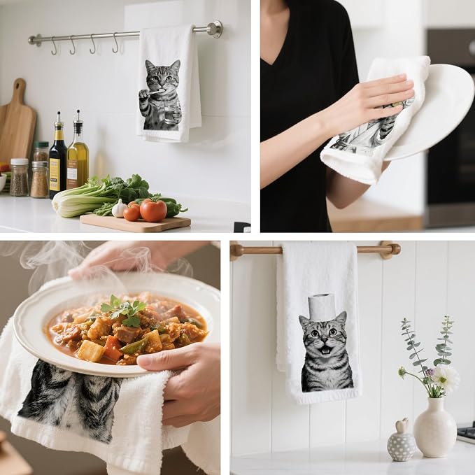 CUTHOLLOW Bath Funny Cat Decorative Kitchen Towels Set of 4, 15.74"x23.62" Soft - Image 4