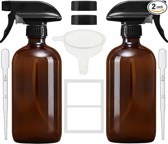 Amber Glass Spray Bottles 16 oz, 2 Pack | Refillable Empty Spray Bottles by Bastelica