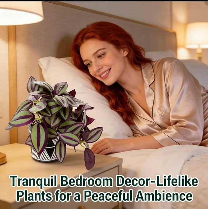 7" Artificial Tradescantia Zebrina Plant in Geometric Ceramic Pot, Lifelike - Image 3