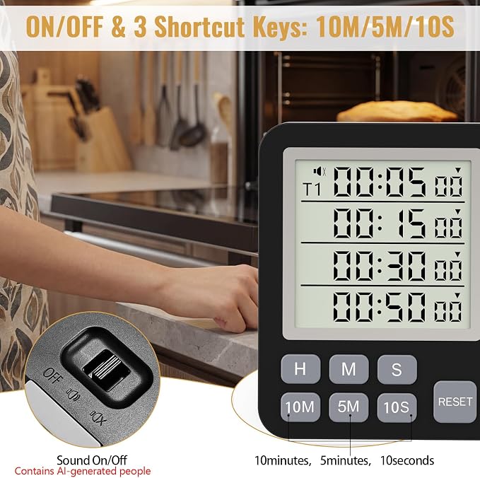 Digital Dual Kitchen Timer, 4 Channels Independent Countdown Timer, Large - Image 5