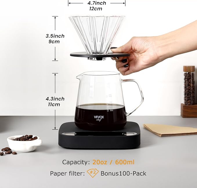 VEVOK CHEF Pour Over Coffee Maker Set, 20 Oz Borosilicate Glass Server Carafe - Image 4