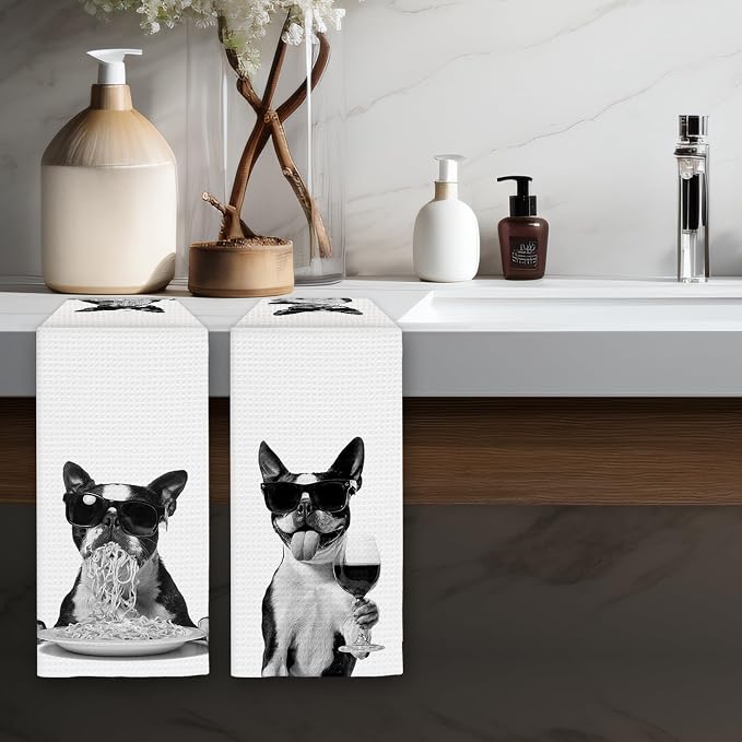 Boston Terrier Gifts Wine Kitchen Towels Set of 2, Funny Boston Terrier Dog - Image 5