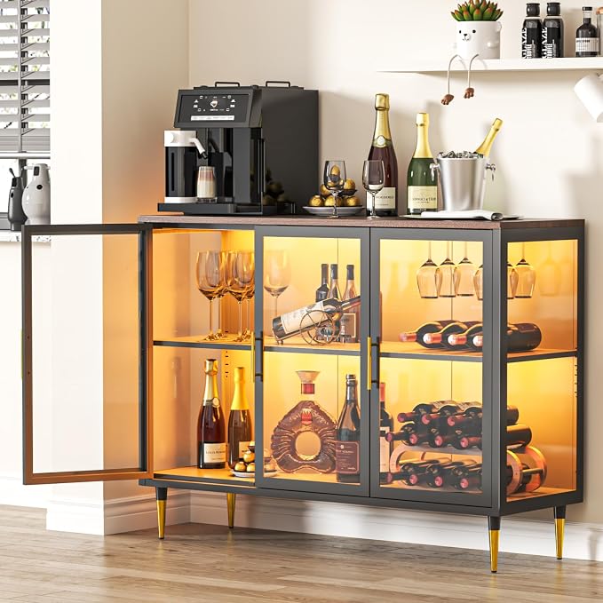 Wine Bar Cabinet with LED Lights, Metal Wood Home Coffee Bar Cabinet with Glass by WOOWDEPOTBetterYourLife