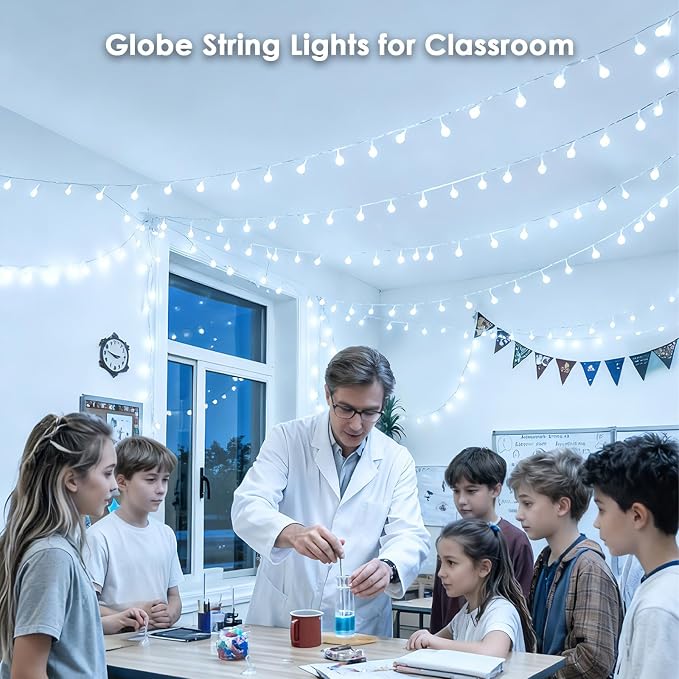 100LED Connectable Classroom String Lights Indoor Outdoor, 43ft White Globe - Image 2