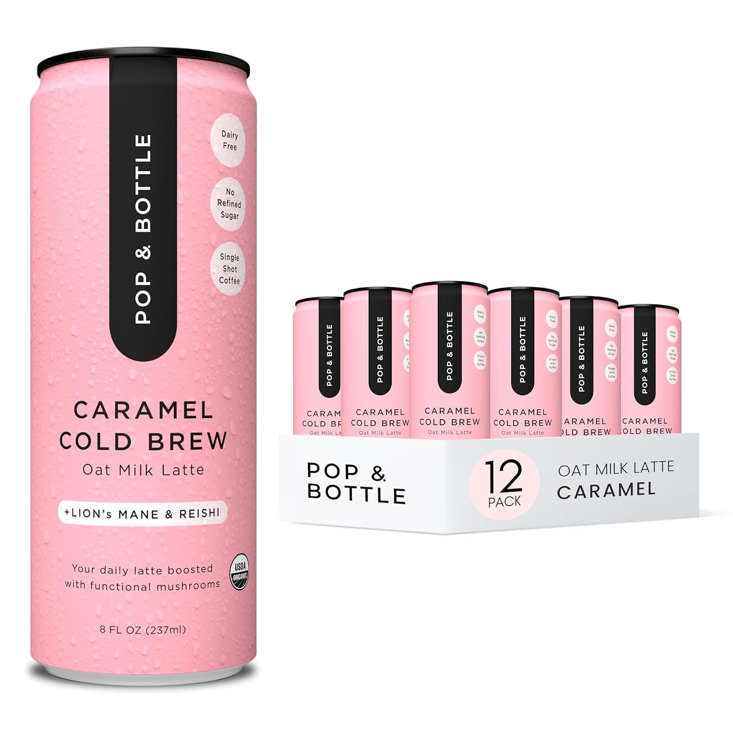Pop & Bottle, Oat Milk Lattes - Cold Brew with Lions Mane & Reishi, MCT Oil, Single Shot Cold Brew, Mushrooms, Organic, Dairy Free, Gluten Free, Great as Iced Coffee, Lightly Sweetened with Dates - Caramel, 8 Fl Oz (12 Pack)