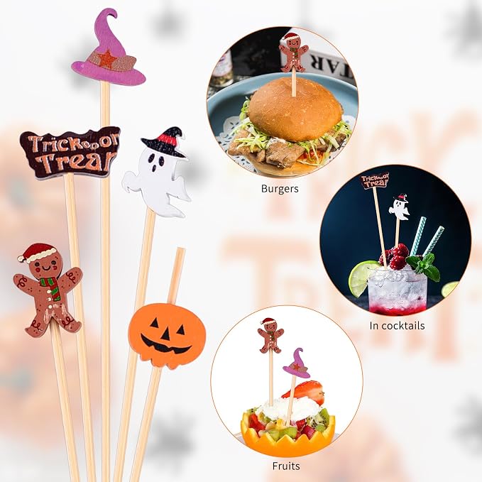 Halloween 100pcs Cocktail picks Bamboo Handmade Sticks Wooden Toothpicks - Image 2