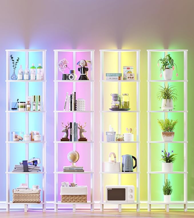 VIMBER Corners Shelf with LED Light, 6-Tier Corner Bookshelf, Industrial - Image 3
