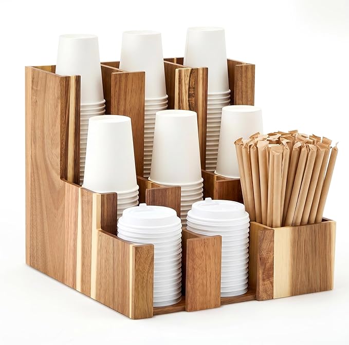 CroBlissful Acacia Vertical Coffee Cup and Lid Dispenser, Coffee Condiment by CroBlissful