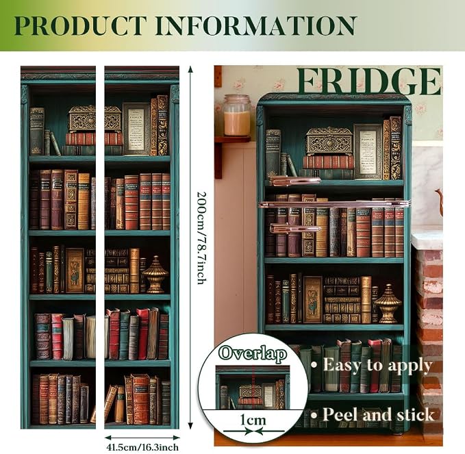 2 Pcs Vintage Bookshelf Removable Refrigerator Wraps, Self-Adhesive Retro - Image 2
