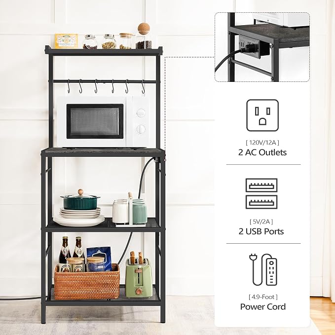 MAHANCRIS Bakers Rack with Power Outlet, Kitchen Storage Shelf with 6 Hooks - Image 5