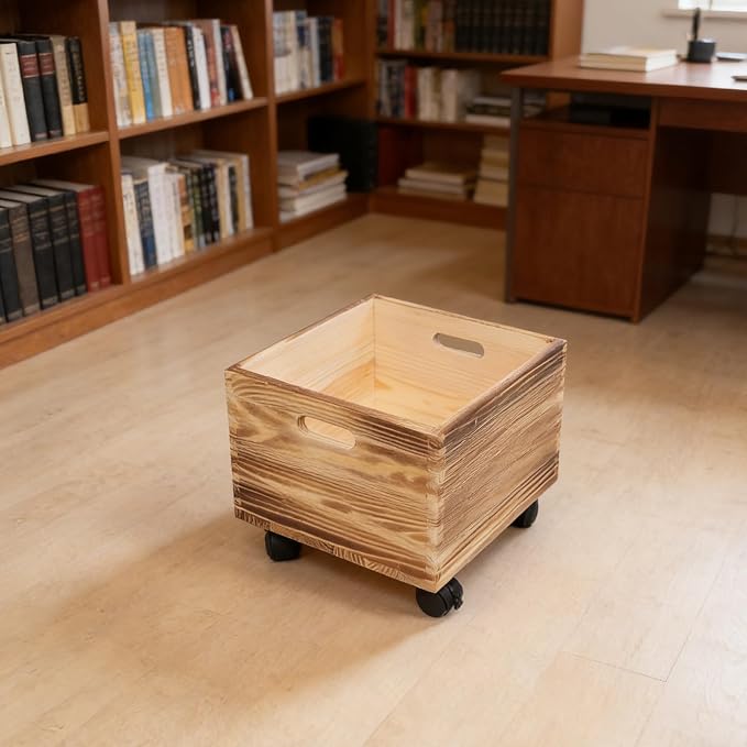 Unfinished Wood Crate: Rolling Crate On Wheels, Office Storage Cube Record - Image 5