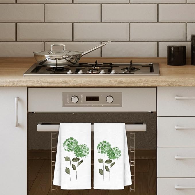 Green Hydrangea Floral Kitchen Towels Set of 2, Hydrangea Decorative Hand Towels - Image 2