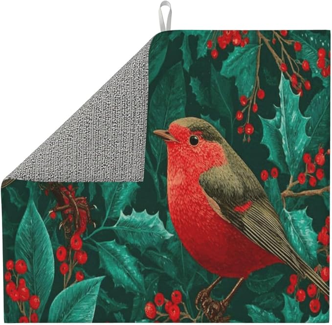 Two Red Birds Holly Red Berries Dark Green Absorbent Dish Drying Mat - Image 3