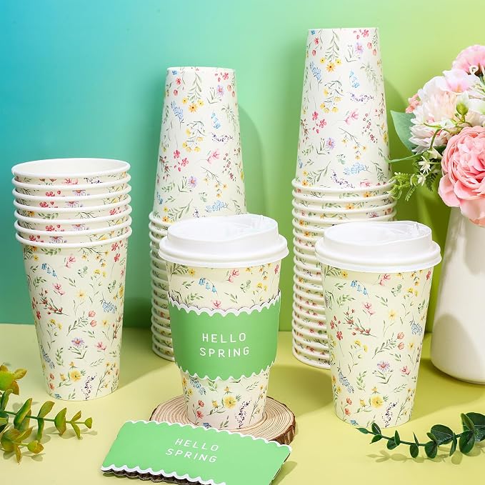 Whaline 50 Pcs Spring Floral Disposable Coffee Cups - Image 5