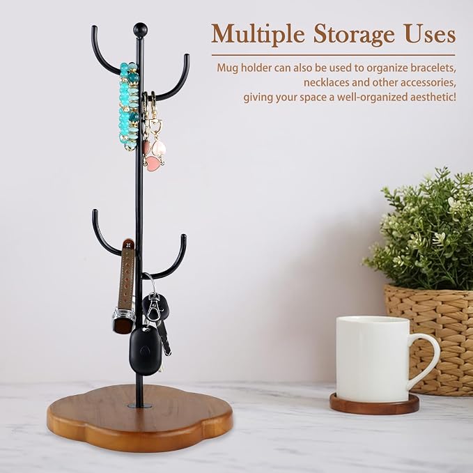 Coffee Mug Holder, Non-Slip 4 Hook Mug Rack, Metal & Wood, Modern & Elegant - Image 6