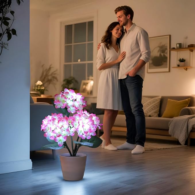 Pink Artificial Hydrangea LED Flower Pot - Image 2