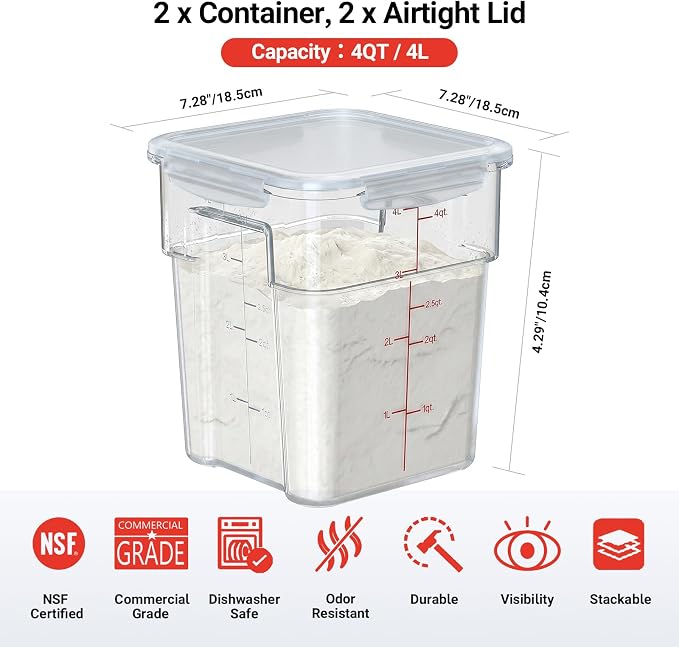 2 Pack 4 QT Airtight Commercial Food Storage Containers, Stackable - Image 8